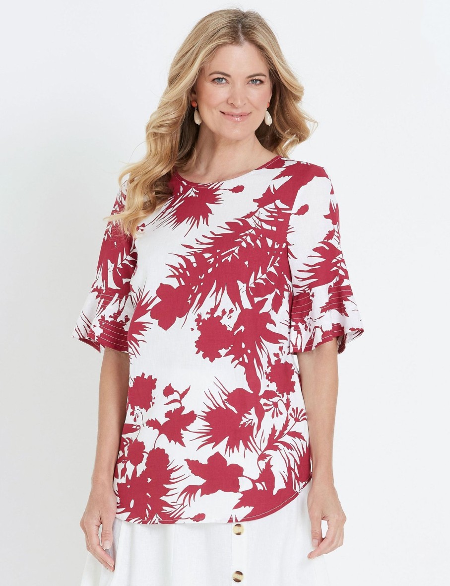 Tops NoniB | Short Sleeve Leaf Linen Top