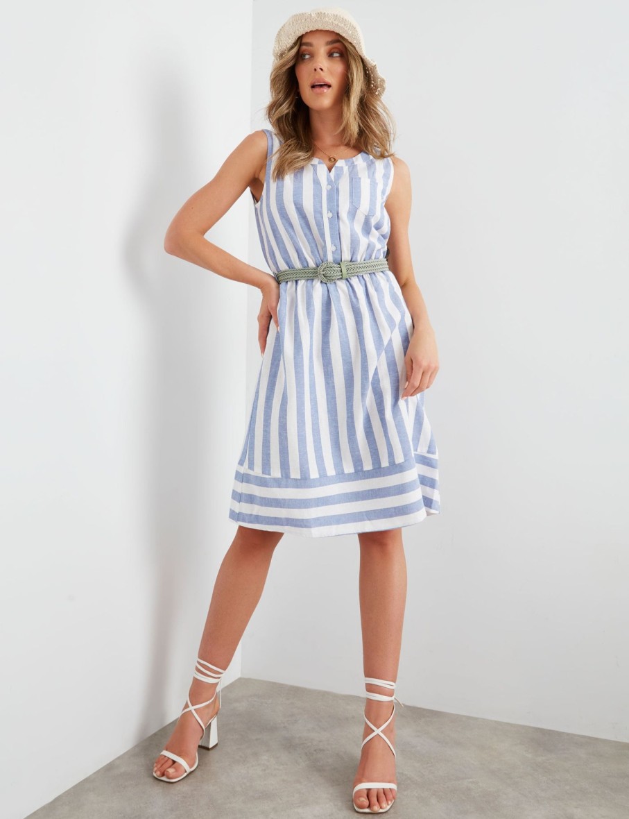 Dresses Rockmans | Rockmans Sleeveless Notch Neck Belted Linen Knee Length Dress