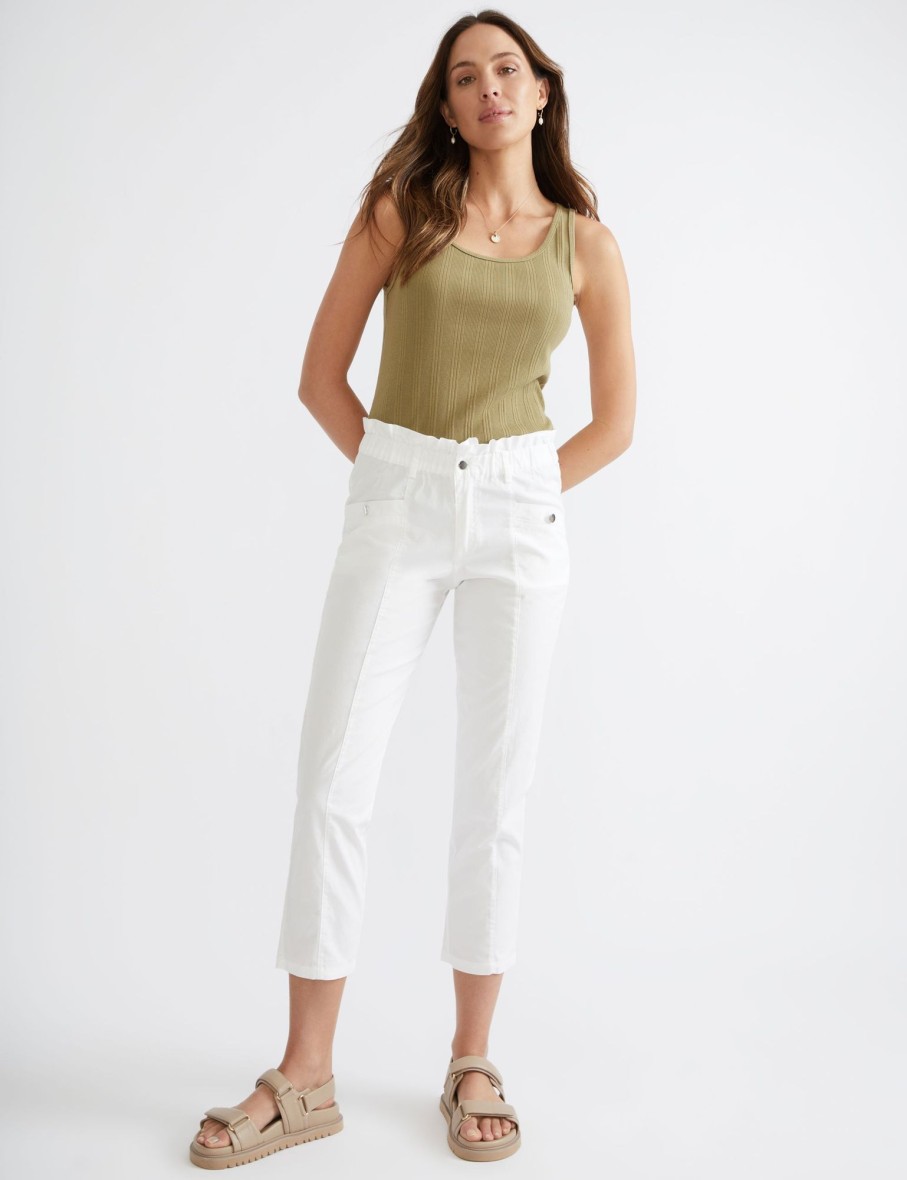 Bottoms Katies | Katies Ankle Paper Bag Waist Cotton Blend Pants