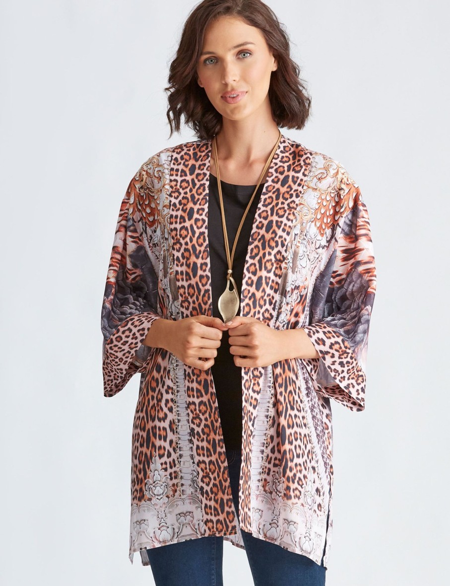 Outerwear Katies | Katies Woven Banded Trim Kimono