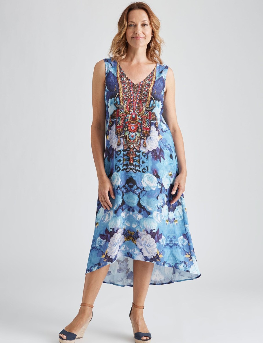 Dresses Millers | Millers Sleeveless Wow Blue Floral High Low Dress