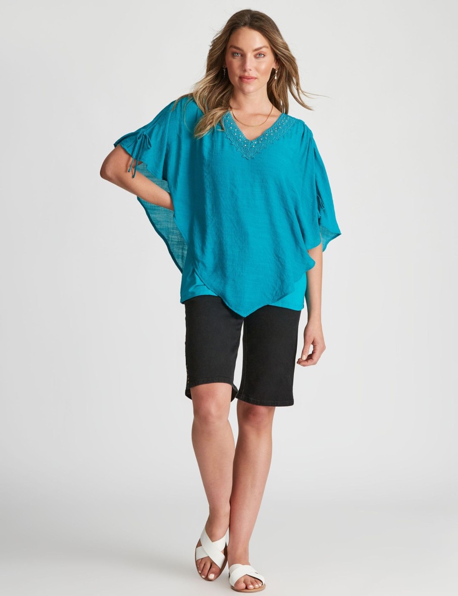 Tops Rockmans | Rockmans Elbow Sleeve Woven Overlay Top