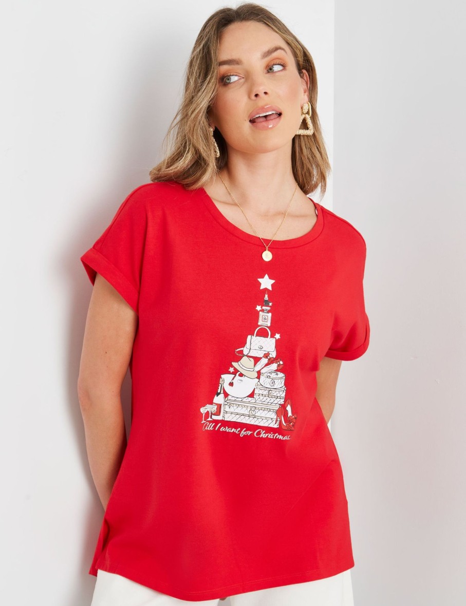 Tops Rockmans | Rockmans Short Sleeve Round Neck Xmas Tee