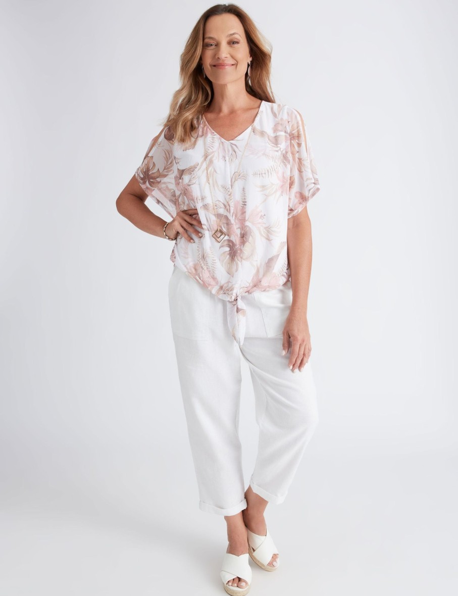 Tops Millers | Millers Mesh Overlay Top With Tie Front And Necklace