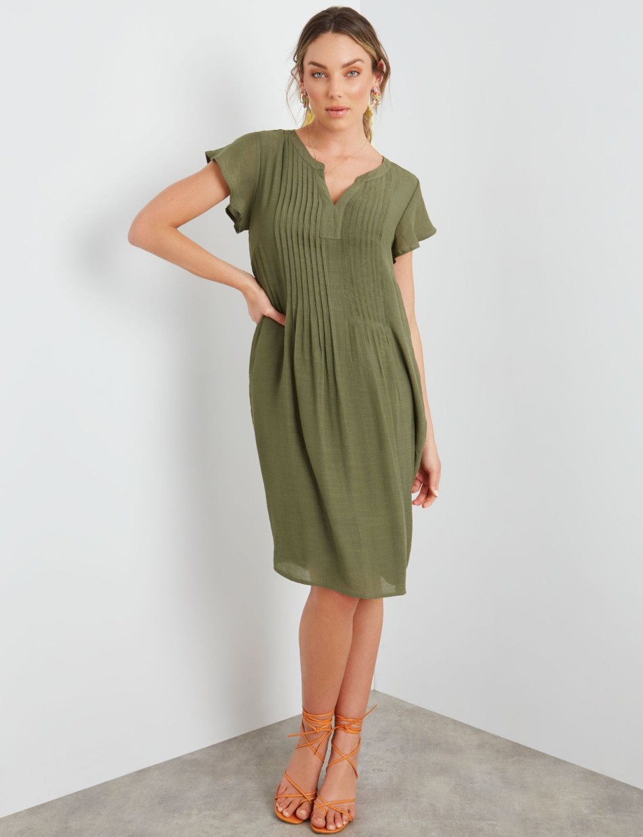 Dresses Rockmans | Rockmans Extend Sleeve Pintuck Notch Neck Dress