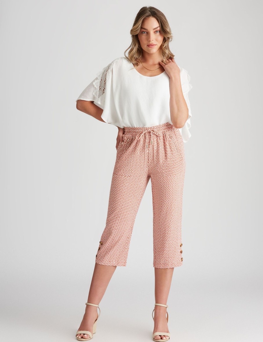 Bottoms Rockmans | Rockmans Crop Linen Print Zipped Pants