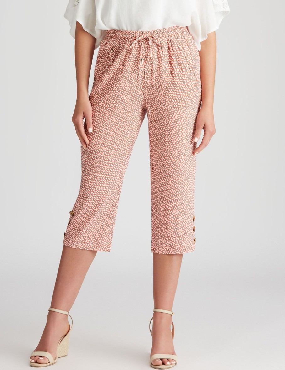 Bottoms Rockmans | Rockmans Crop Linen Print Zipped Pants