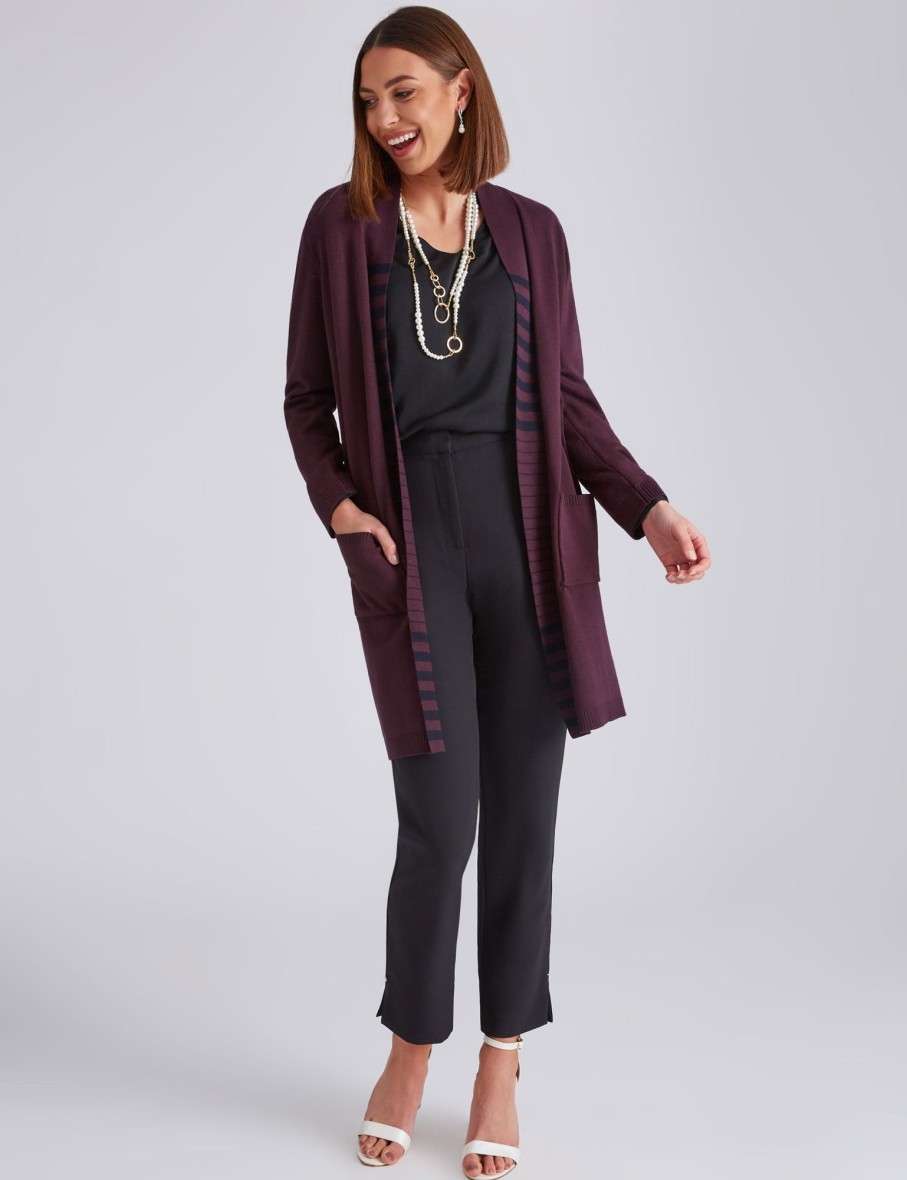 Knitwear LizJordan | Liz Jordan Longline Stripe Trim Cardi