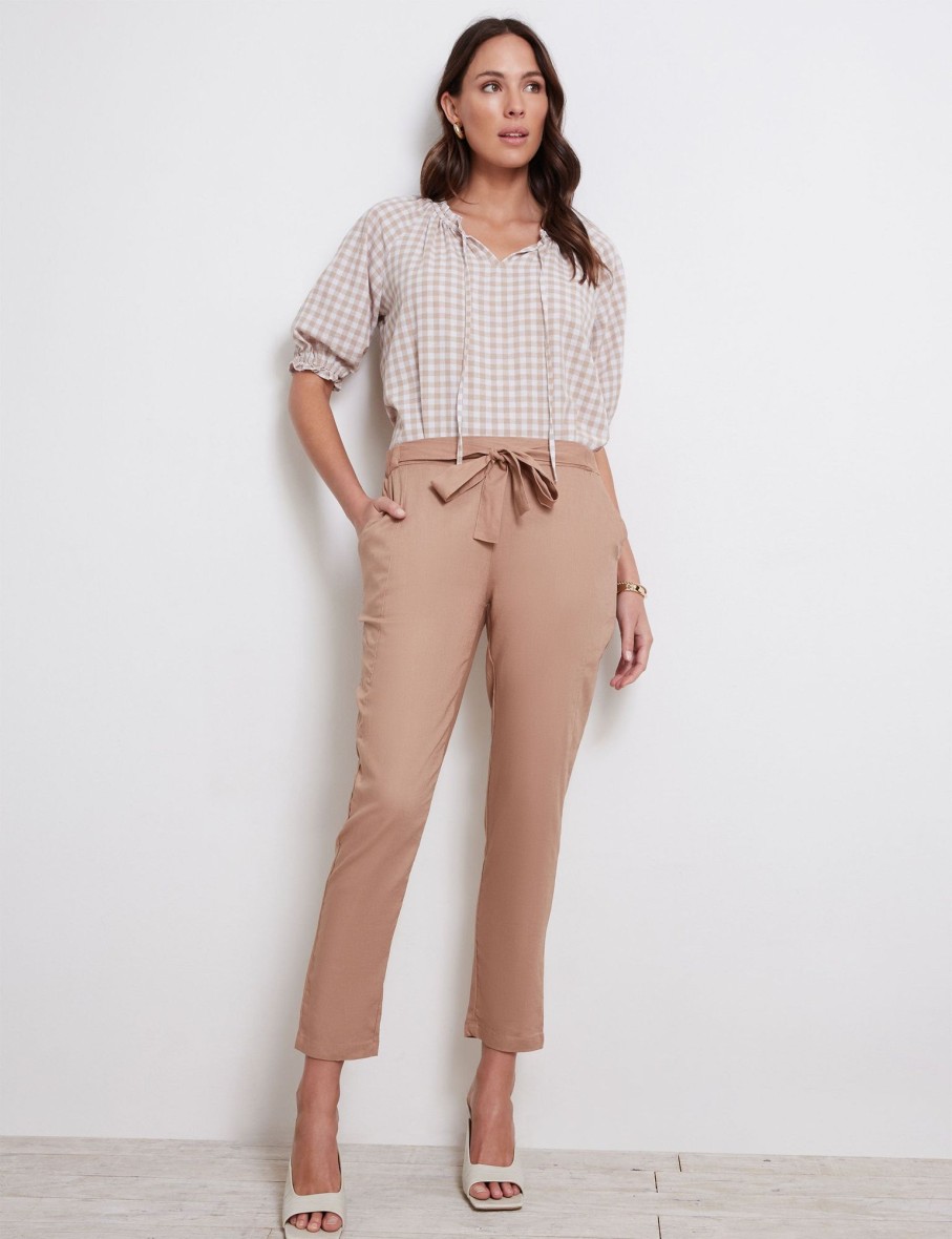 Bottoms Katies | Katies Ankle Tie Front Seamed Linen Pant