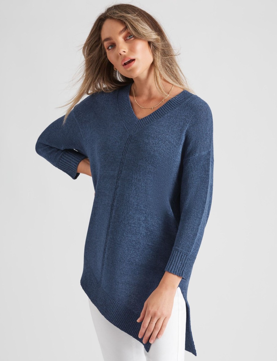 Knitwear Rockmans | Rockmans Elbow Sleeve True Knitwear Asymmetric Zipped Top