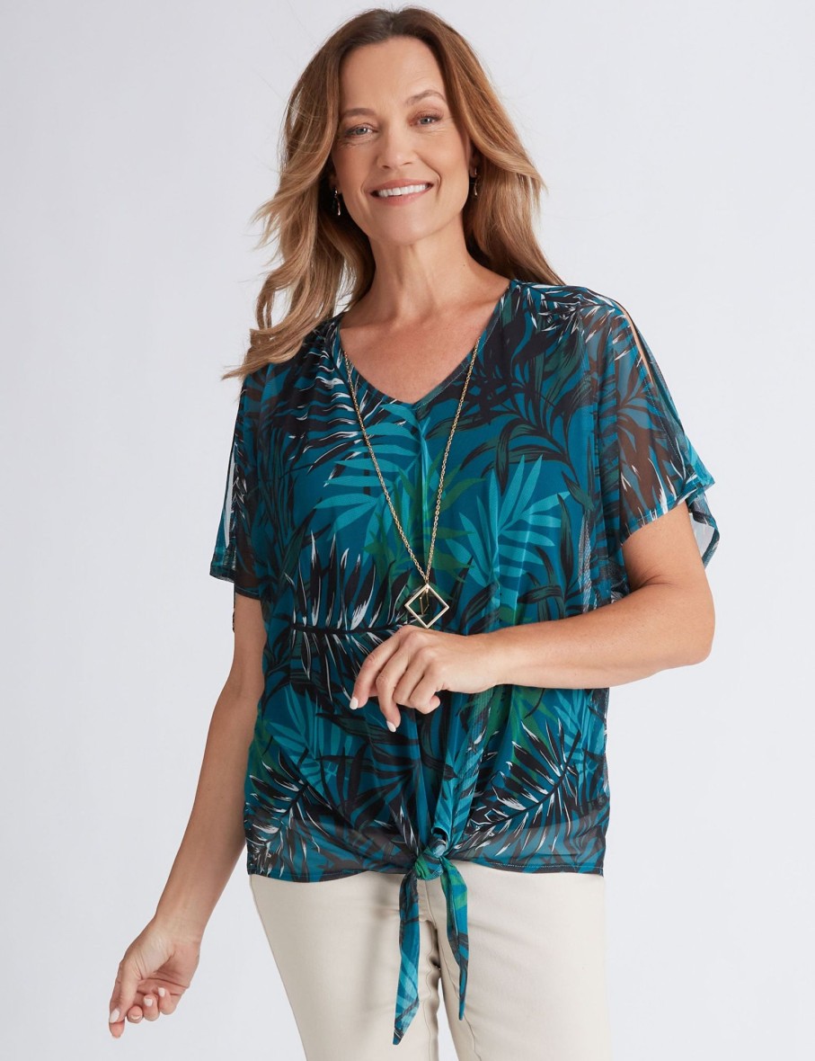 Tops Millers | Millers Mesh Overlay Top With Tie Front And Necklace