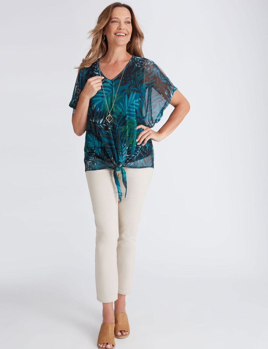 Tops Millers | Millers Mesh Overlay Top With Tie Front And Necklace