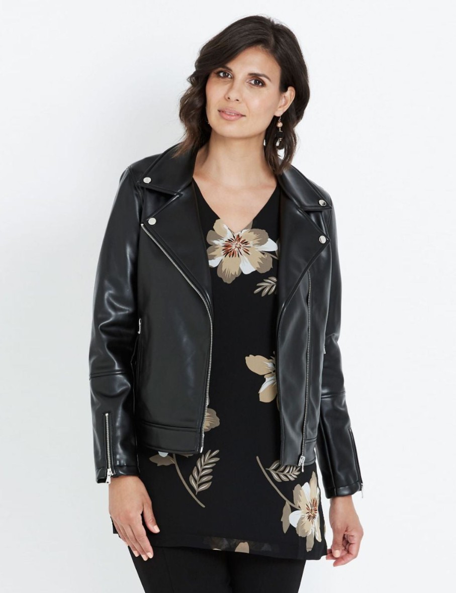 Outerwear LizJordan | Liz Jordan Zip Up Pleather Biker Coat