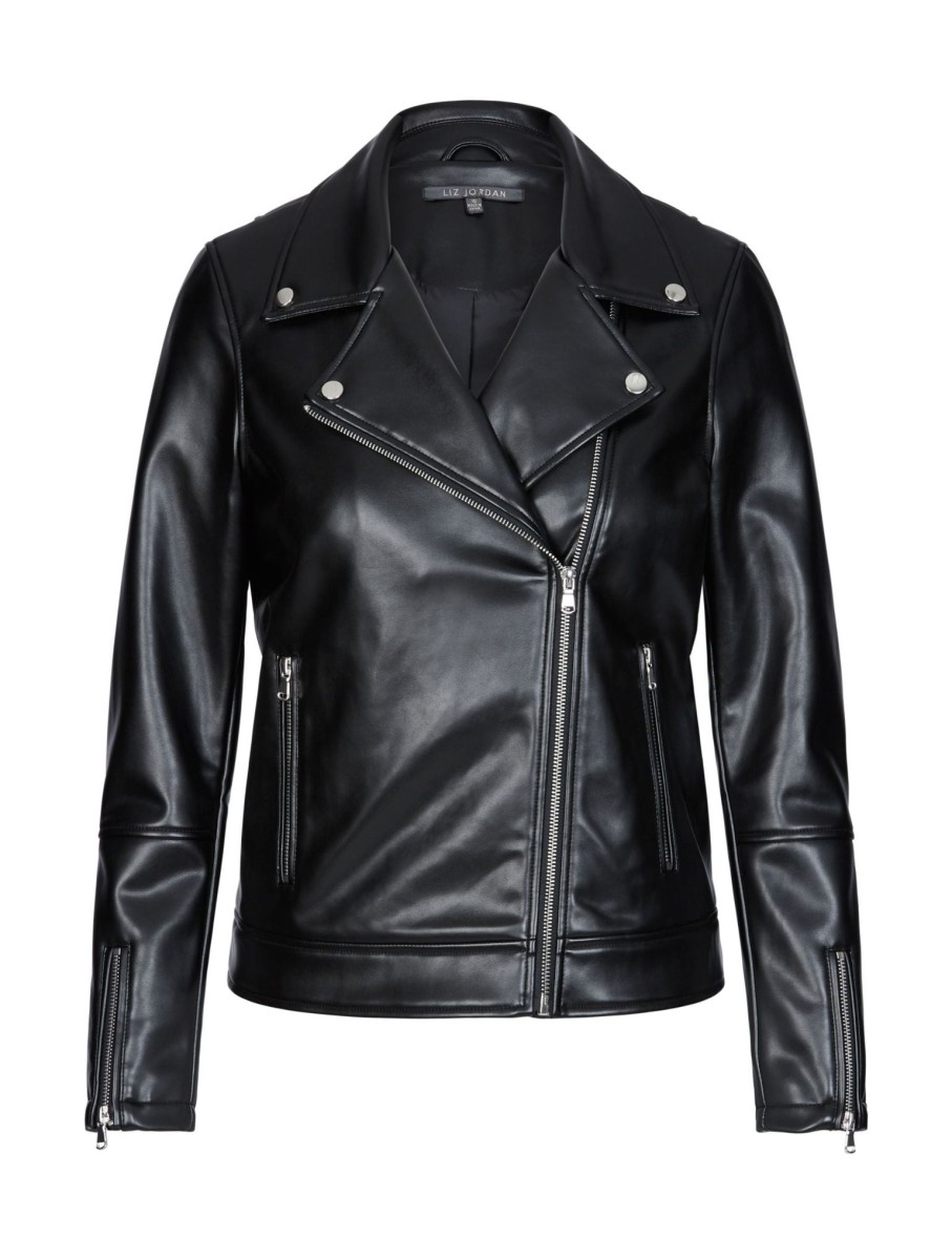 Outerwear LizJordan | Liz Jordan Zip Up Pleather Biker Coat