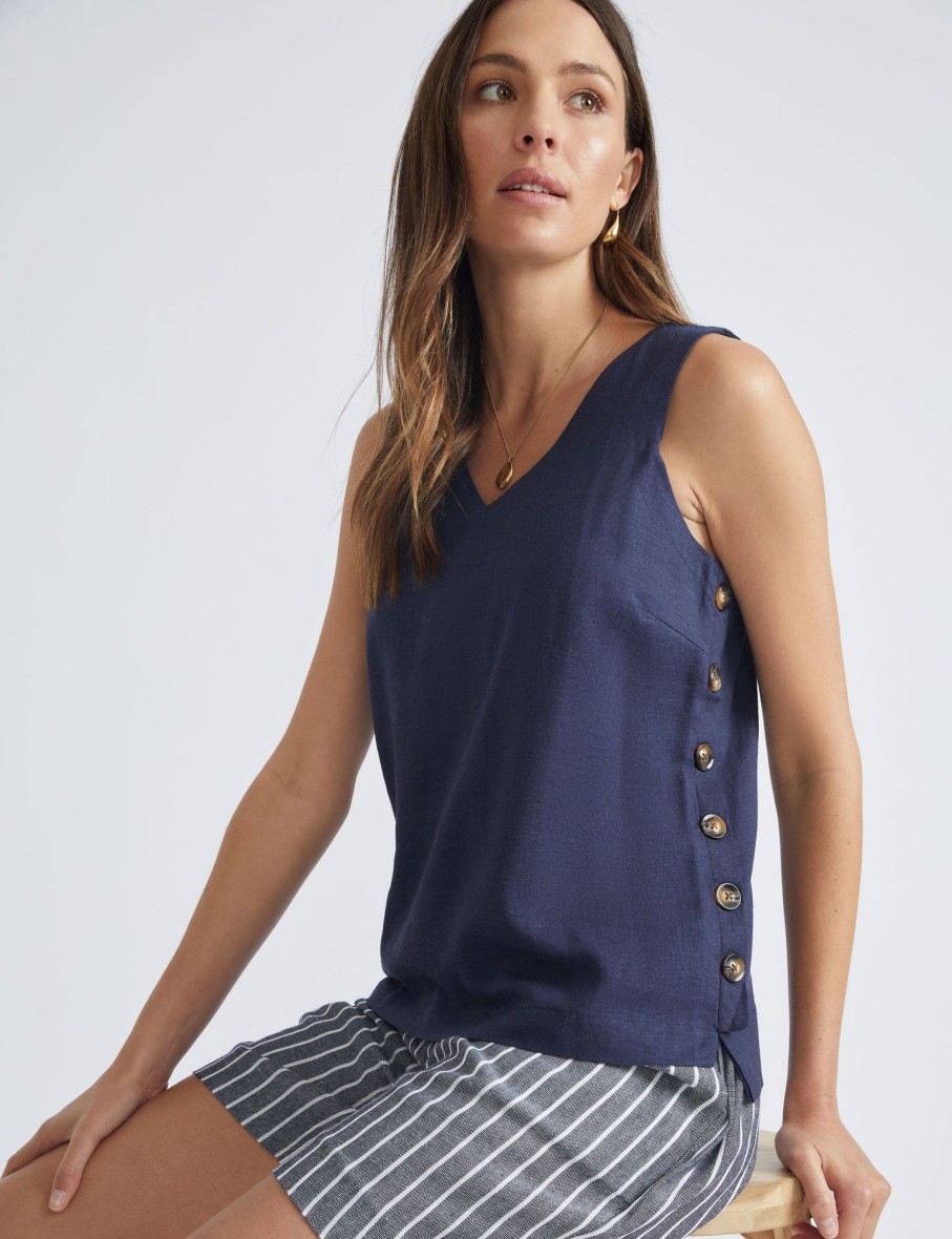 Tops Katies | Katies Linen Blend V Neck Shell Top