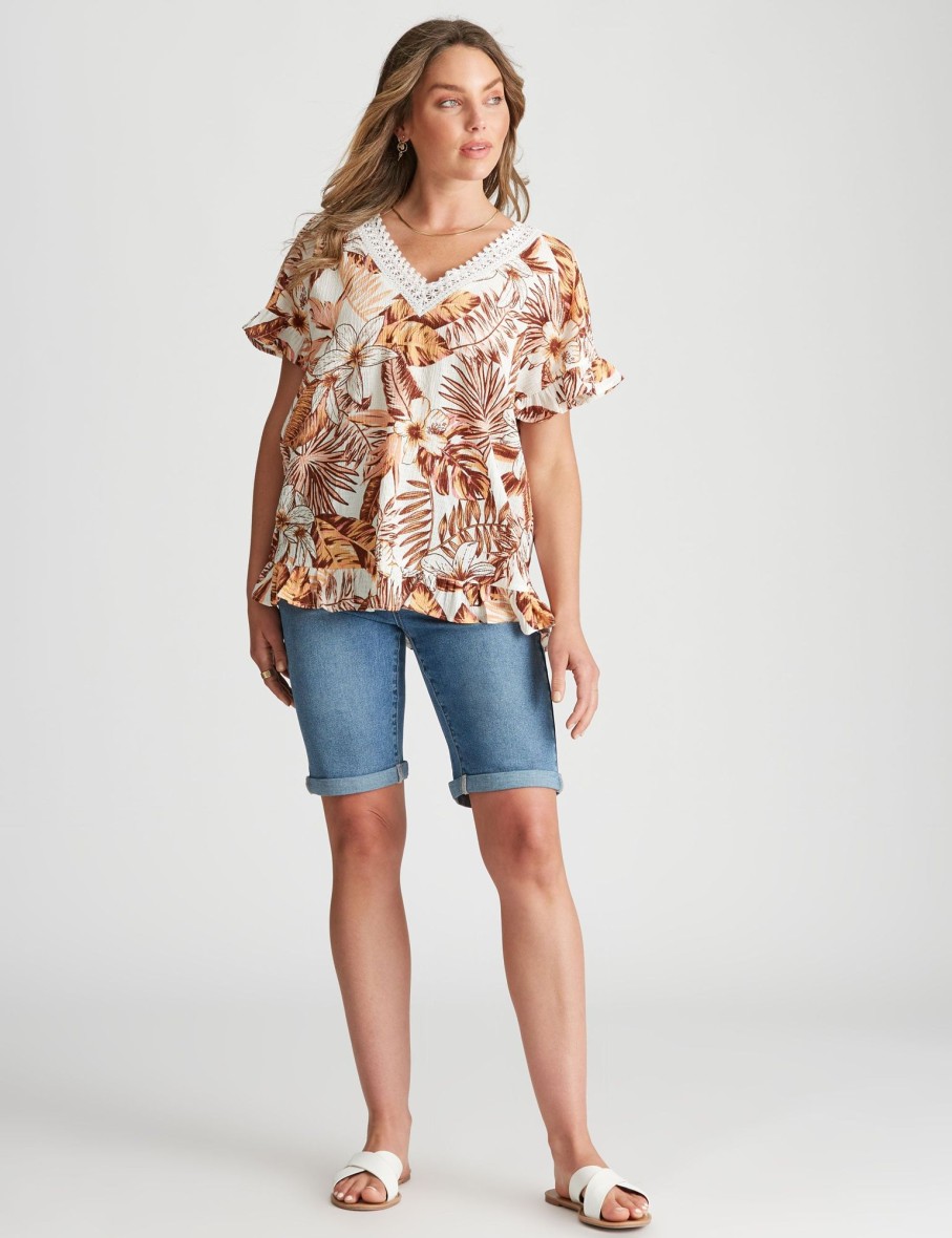 Tops Rockmans | Rockmans Extended Sleeve Textured Lace Top