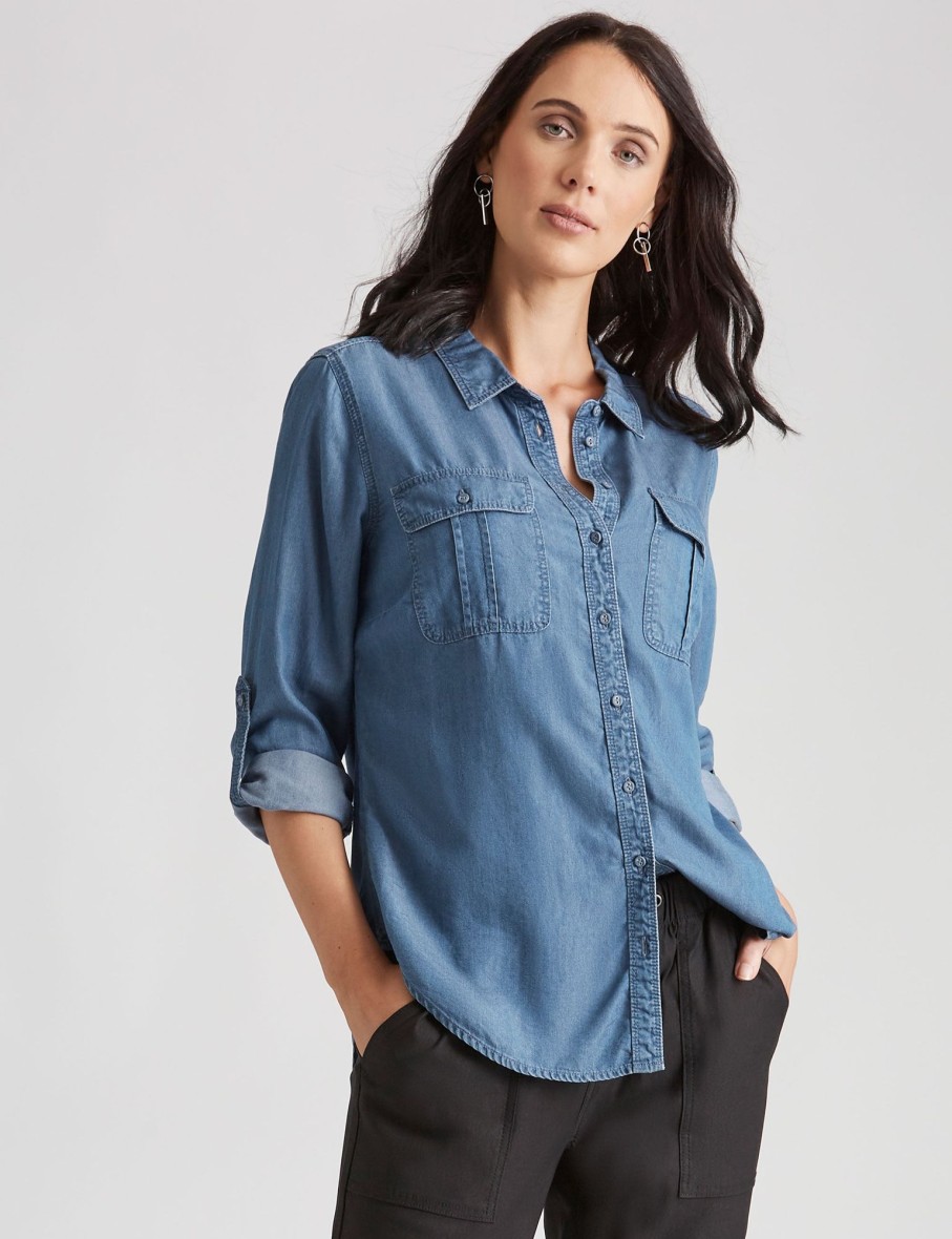 Tops Katies | Katies Denim Look Pocket Front Shirt