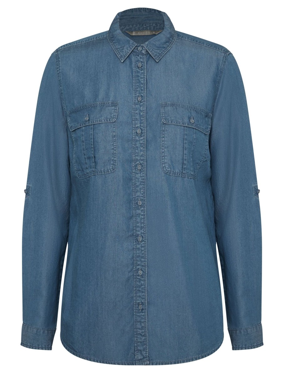 Tops Katies | Katies Denim Look Pocket Front Shirt