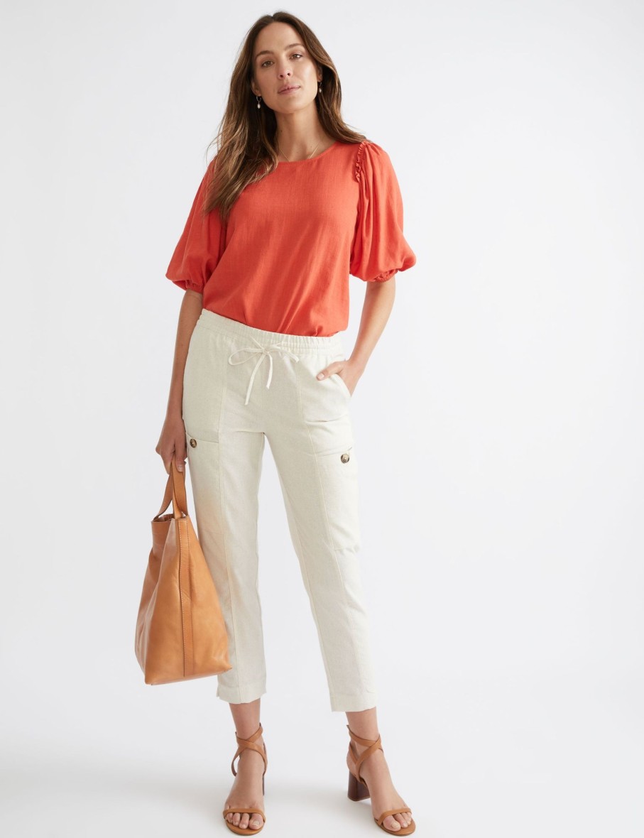 Bottoms Katies | Katies Linen Ankle Pocket Trim Pants