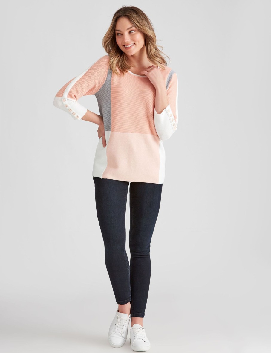 Knitwear Rockmans | Rockmans 3/4 Sleeve Colour Block Knitwear Top