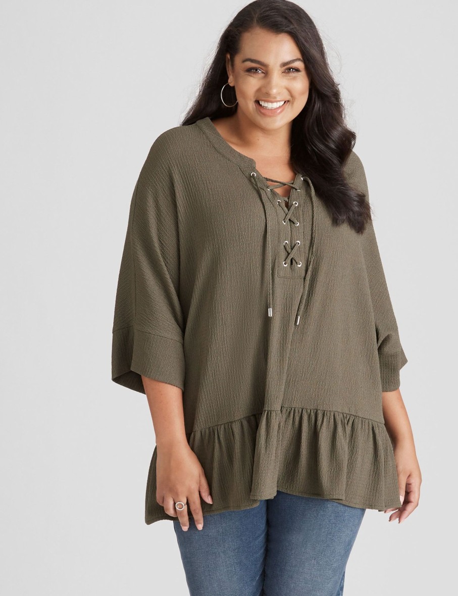 Tops Beme | Beme Lace Up Frill Hem Shirt