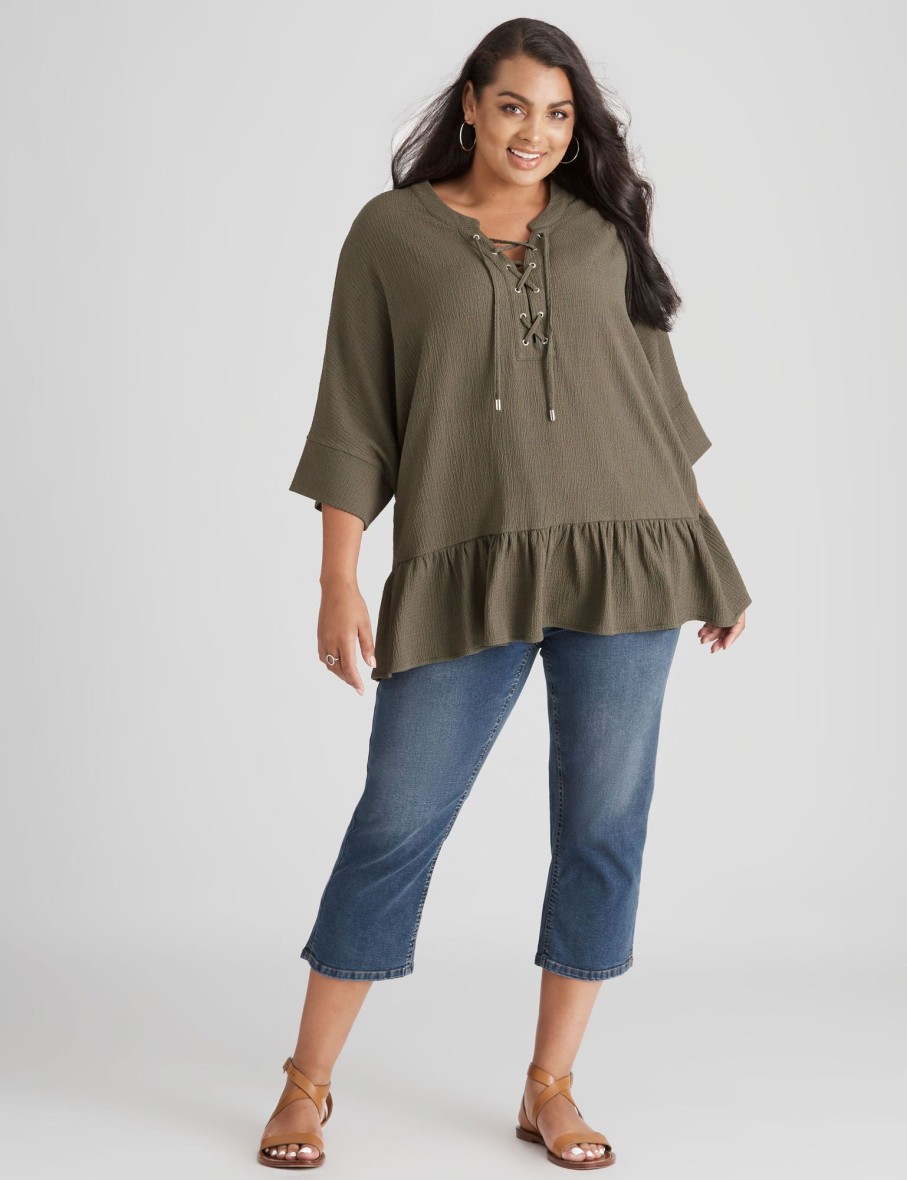 Tops Beme | Beme Lace Up Frill Hem Shirt