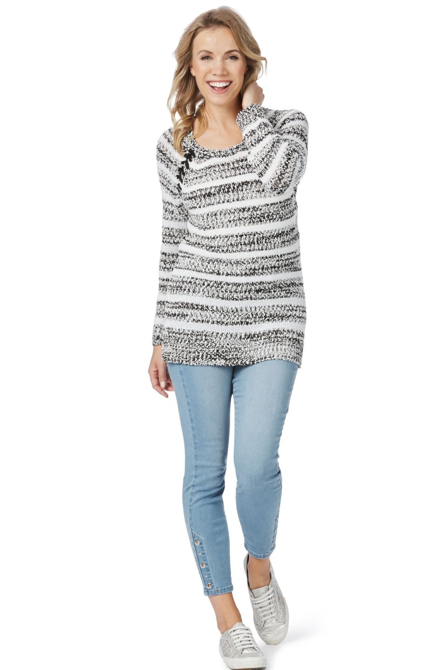 Knitwear Rockmans | Rockmans Long Sleeve Eyelet Marle Stripe Knit