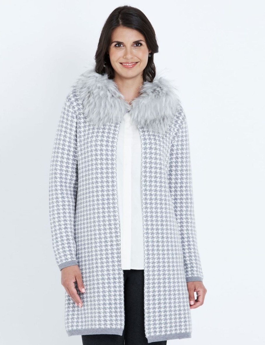 Knitwear LizJordan | Liz Jordan Detachable Fur Neck Houndstooth Cardi