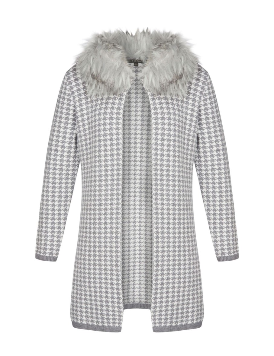 Knitwear LizJordan | Liz Jordan Detachable Fur Neck Houndstooth Cardi