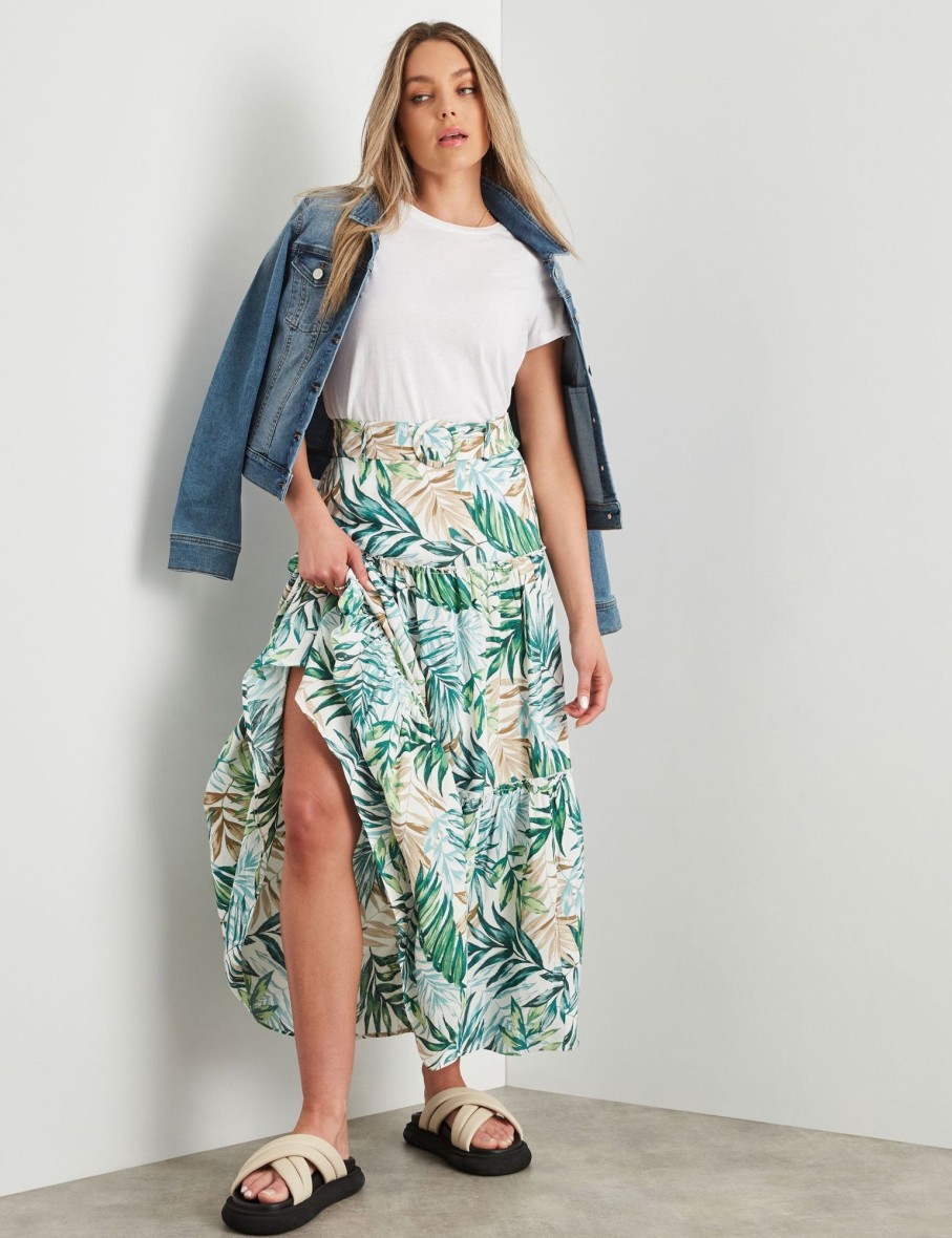 Bottoms Rockmans | Rockmans Belted Tiered Frill Maxi Skirt