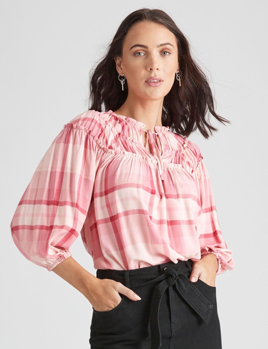 Tops Katies | Katies 3/4 Sleeve Rusched Yoke Top