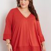 Tops Beme | Beme 3/4 Sleeve Curved Hem V Neck Mix Media Top