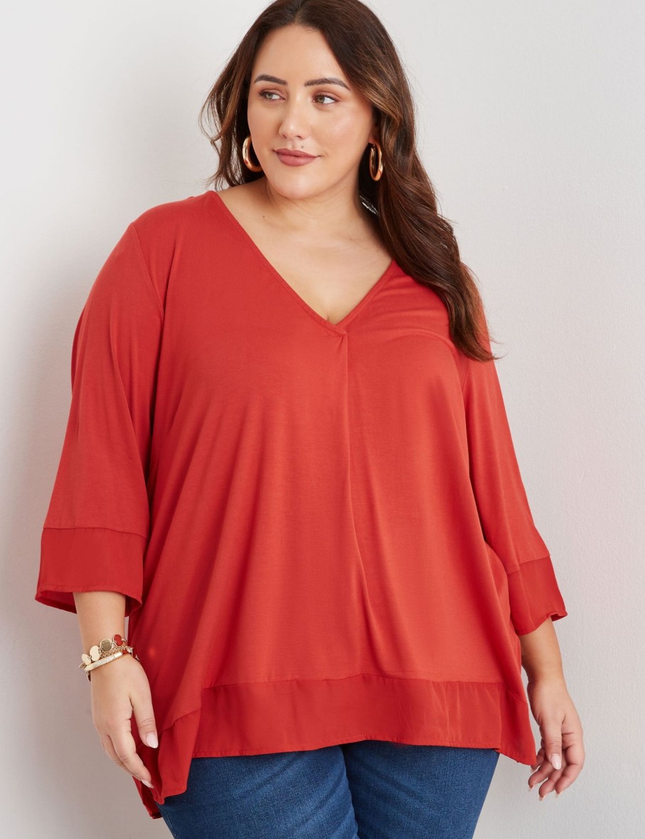 Tops Beme | Beme 3/4 Sleeve Curved Hem V Neck Mix Media Top