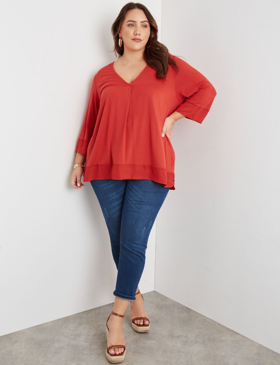 Tops Beme | Beme 3/4 Sleeve Curved Hem V Neck Mix Media Top