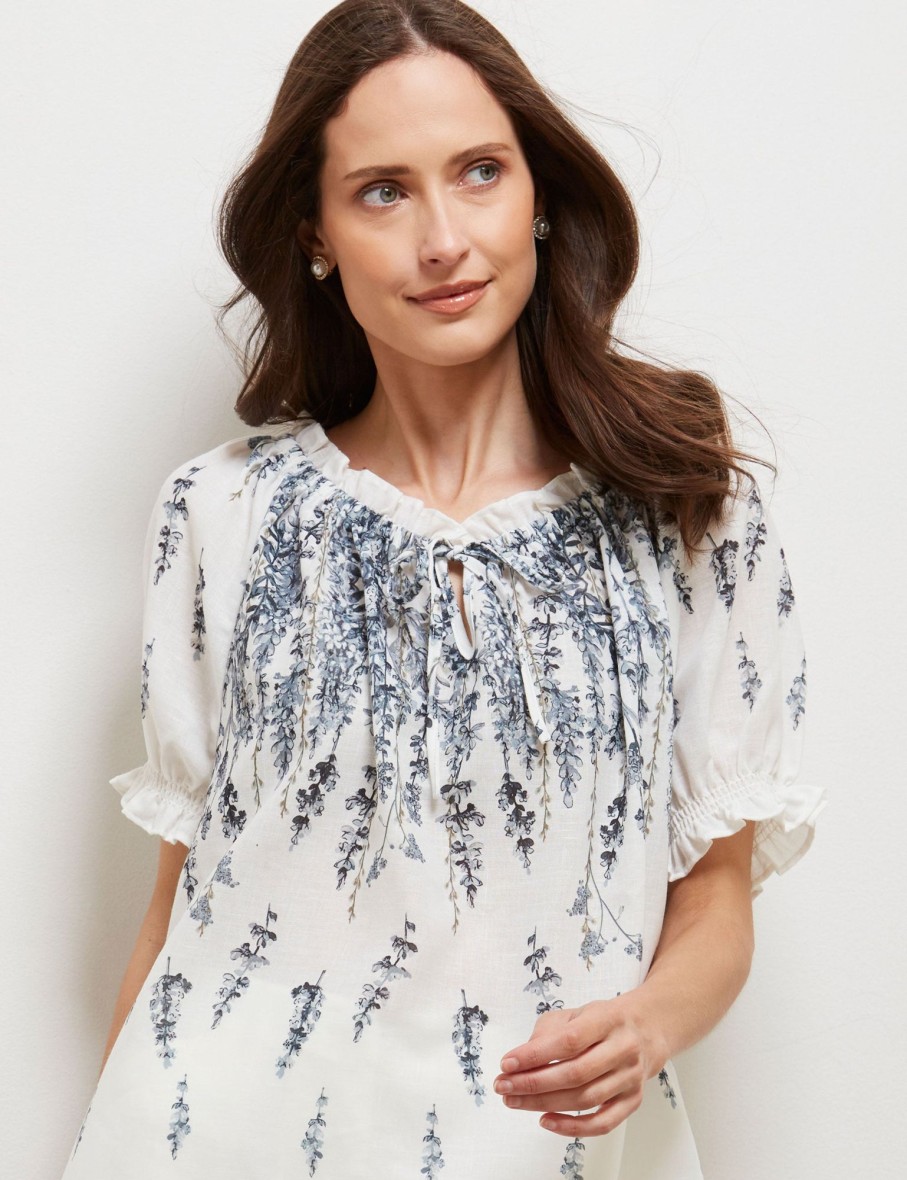 Tops NoniB | Tie Neck Border Floral Top