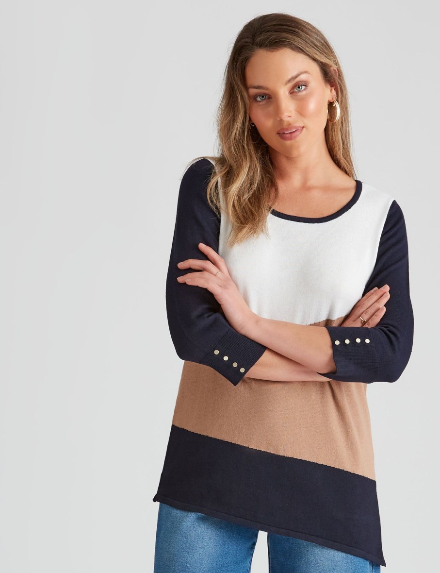 Knitwear Rockmans | Rockmans 3/4 Sleeve Asymmetric Colour Block Knitwear Top