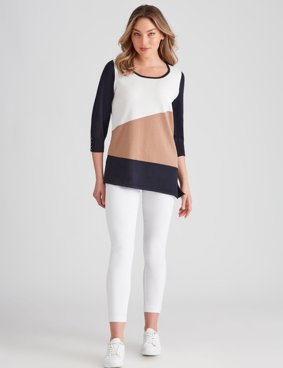 Knitwear Rockmans | Rockmans 3/4 Sleeve Asymmetric Colour Block Knitwear Top