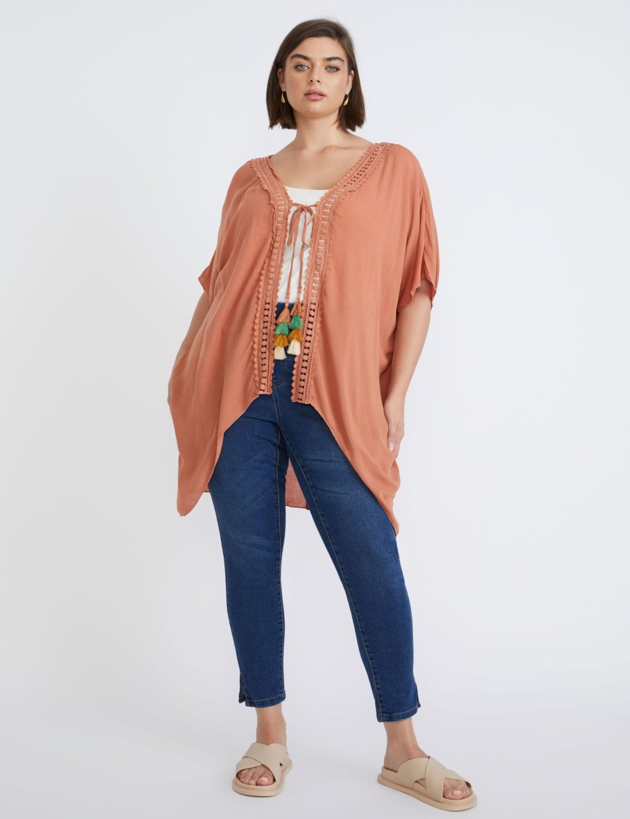 Outerwear Beme | Beme Short Sleeve Lace Trim Cover Up