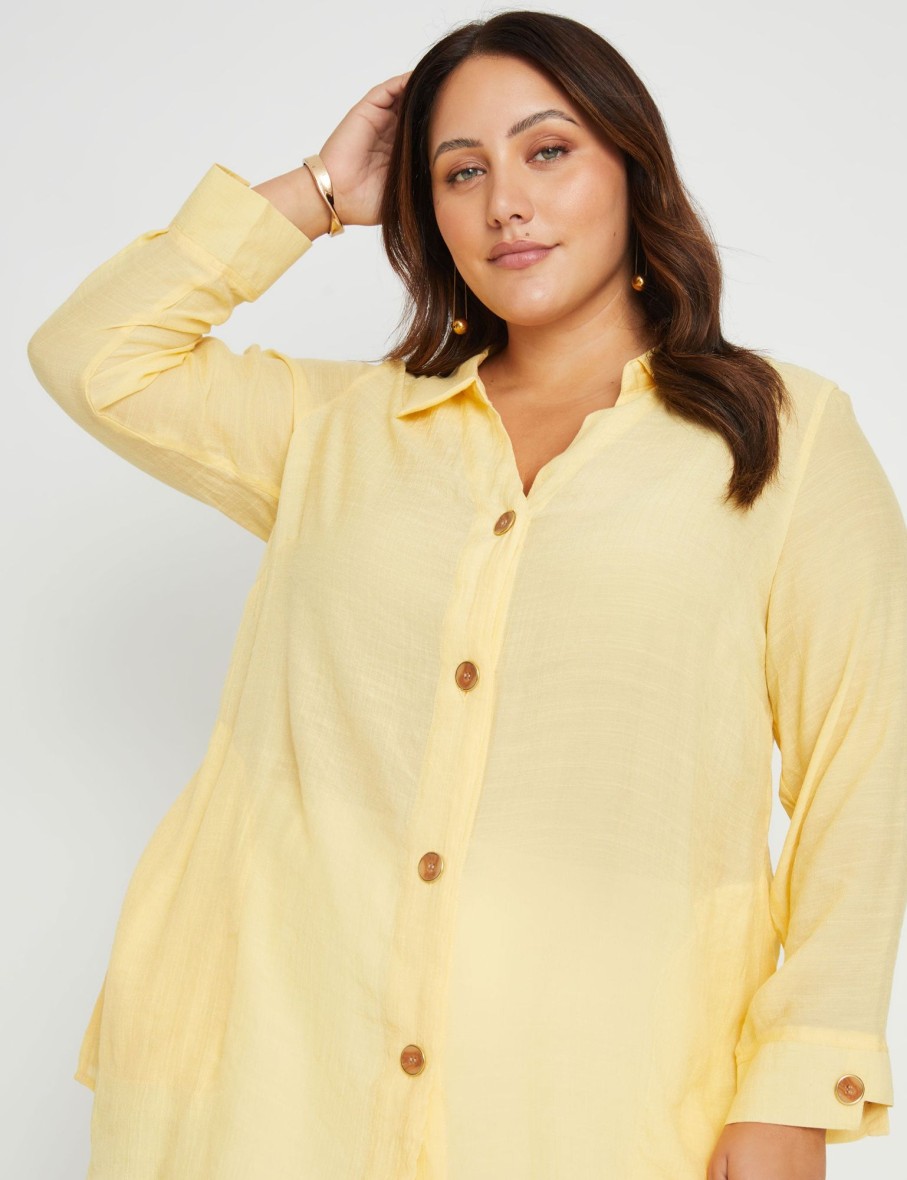 Tops Beme | Beme 3/4 Sleeve Button Detail Double Layer Woven Tunic Shirt