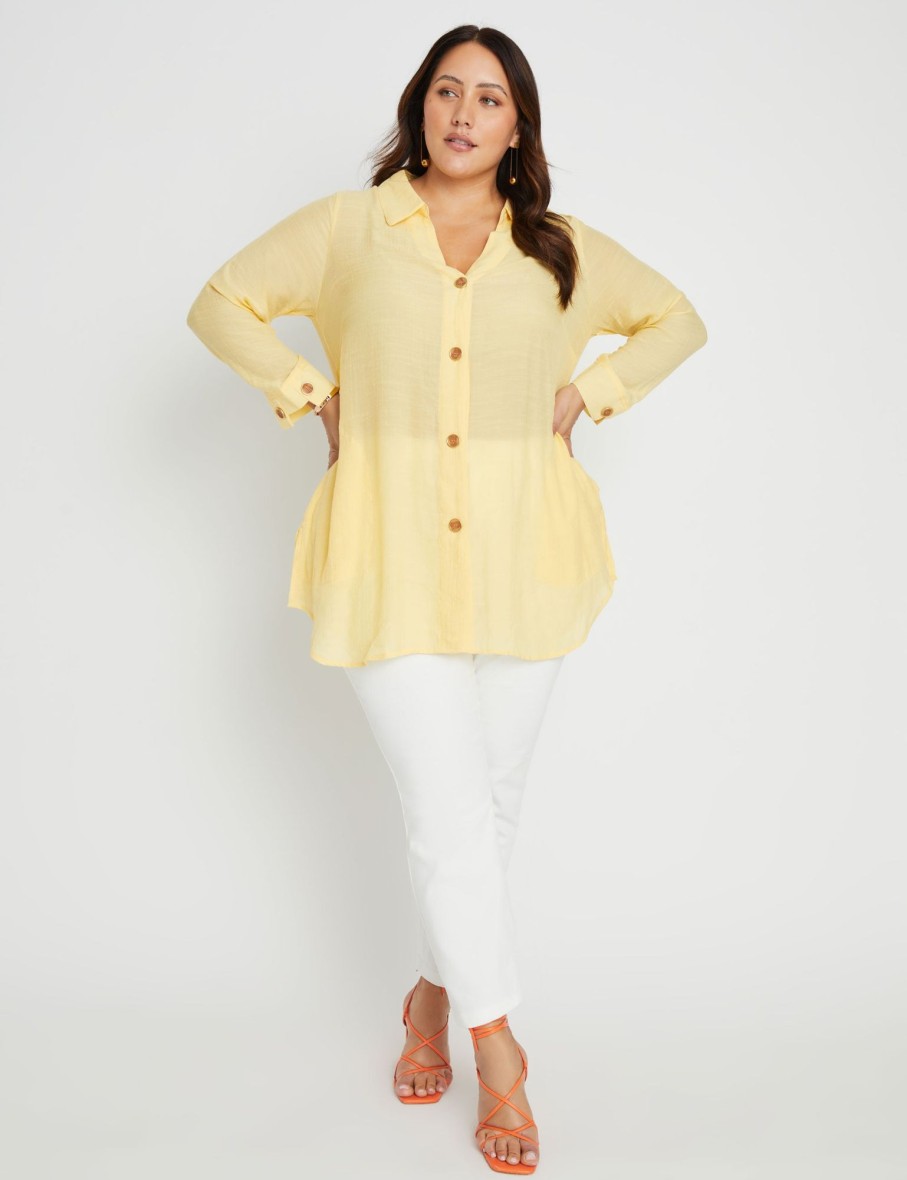 Tops Beme | Beme 3/4 Sleeve Button Detail Double Layer Woven Tunic Shirt