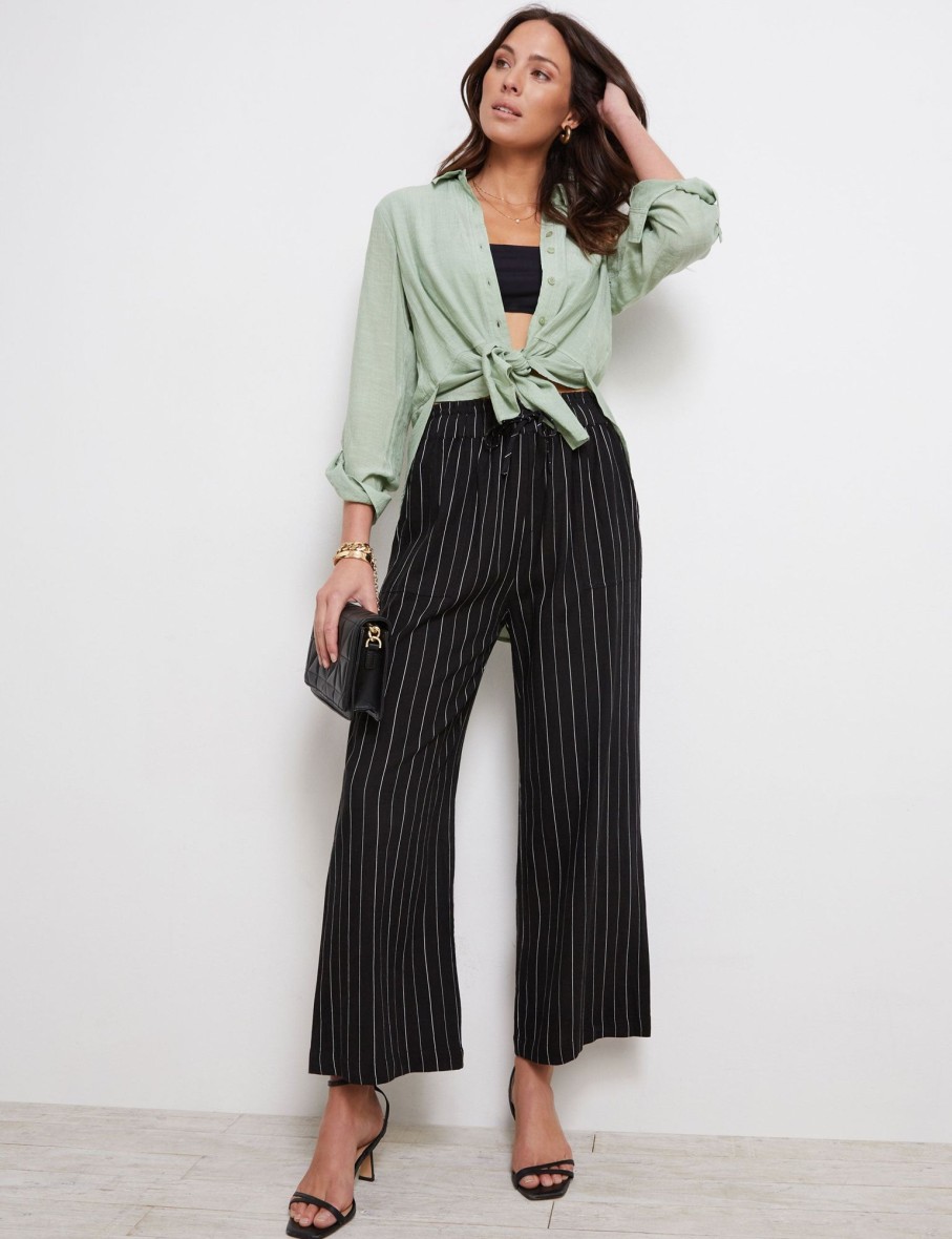 Bottoms Katies | Katies Full Length Linen Stripe Pant