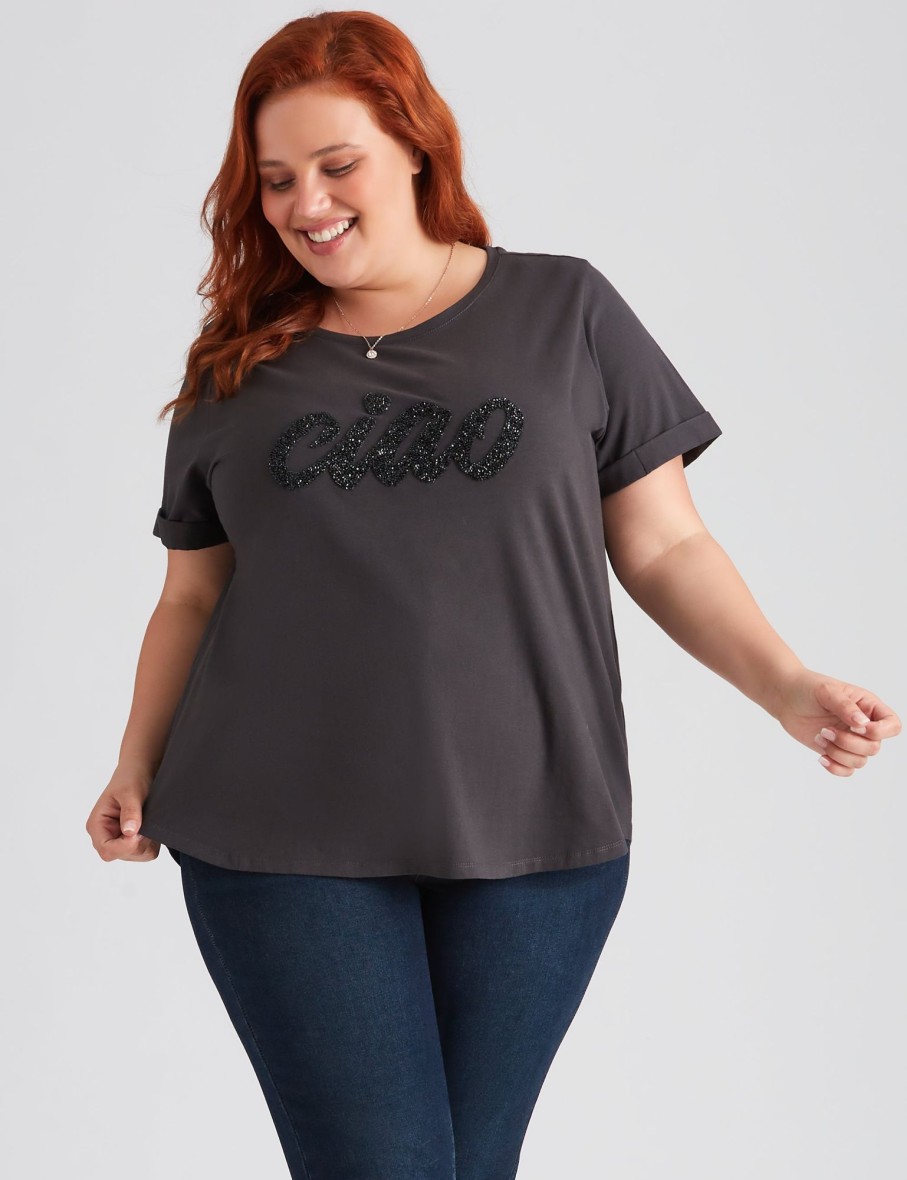 Tops Beme | Beme Short Sleeve Ciao Embellished Curved Hem T-Shirt