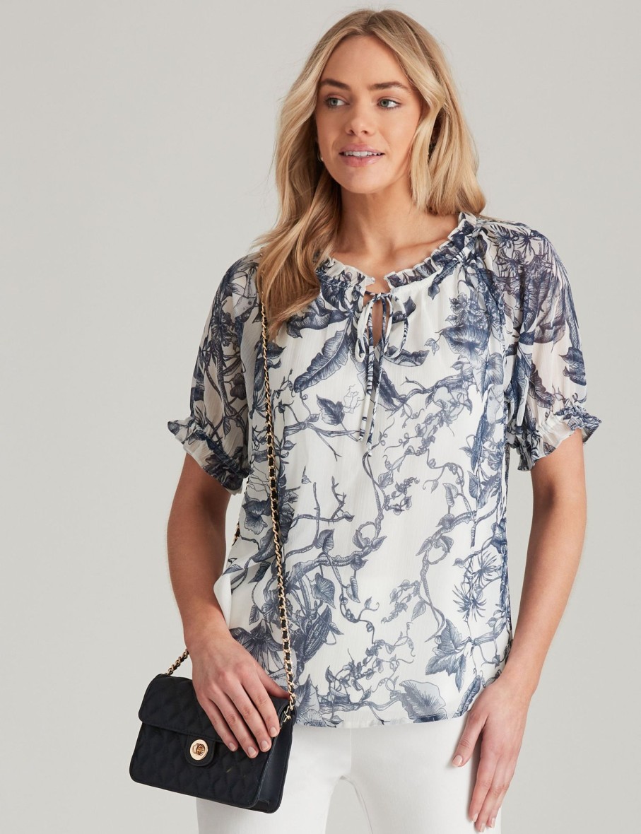 Tops NoniB | Noni B Woven Puff Sleeve Printed Top