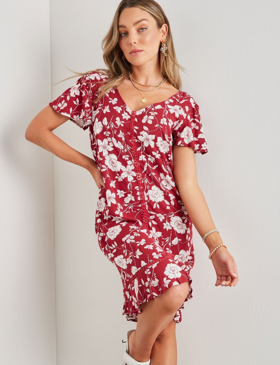 Dresses Rockmans | Rockmans Cap Flutter Sleeve Dress