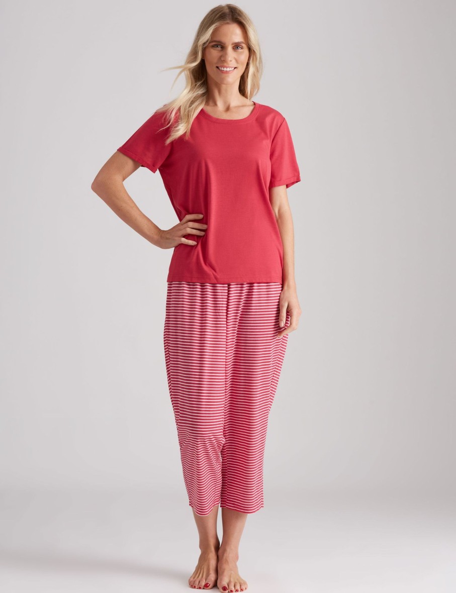 Sleepwear Millers | Millers Plain Top With Stripe Crop Pyjama Bottoms