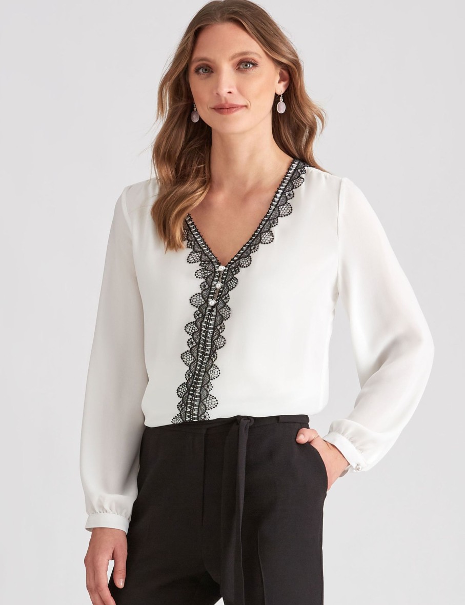 Knitwear LizJordan | Liz Jordan Lace Trim Pearl Top