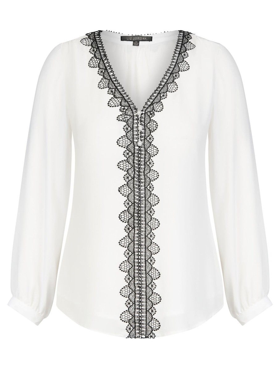 Knitwear LizJordan | Liz Jordan Lace Trim Pearl Top