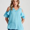 Tops Rockmans | Rockmans Short Sleeve Woven Cold Shoulder Lace Top