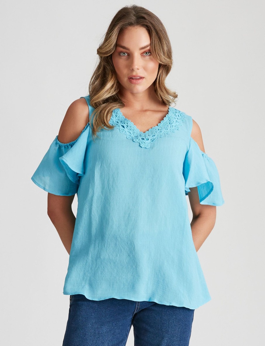 Tops Rockmans | Rockmans Short Sleeve Woven Cold Shoulder Lace Top