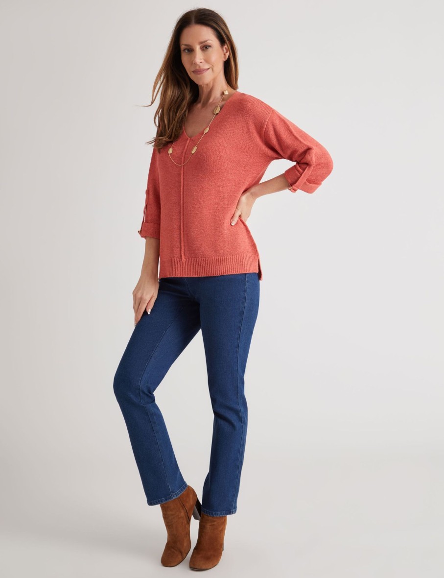 Knitwear Millers | Millers 3/4 Tab Sleeve V Neck Jumper